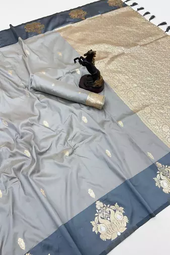 Light grey soft silk saree with zari weaving & rajhans motifs