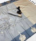 Light grey soft silk saree with zari weaving & rajhans motifs