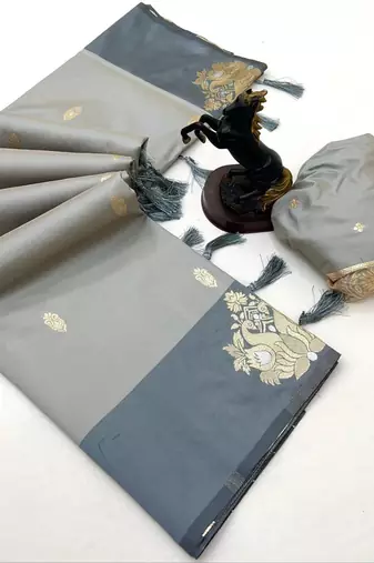 Light grey soft silk saree with zari weaving & rajhans motifs