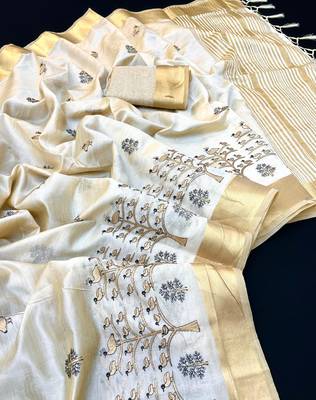Cream tussar silk saree with kalamkari design & embroidery work 1