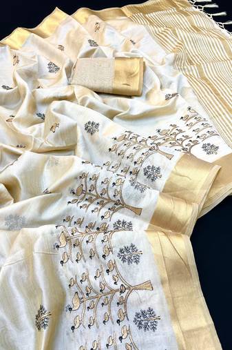 Cream tussar silk saree with kalamkari design & embroidery work