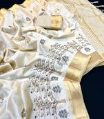 Cream tussar silk saree with kalamkari design & embroidery work