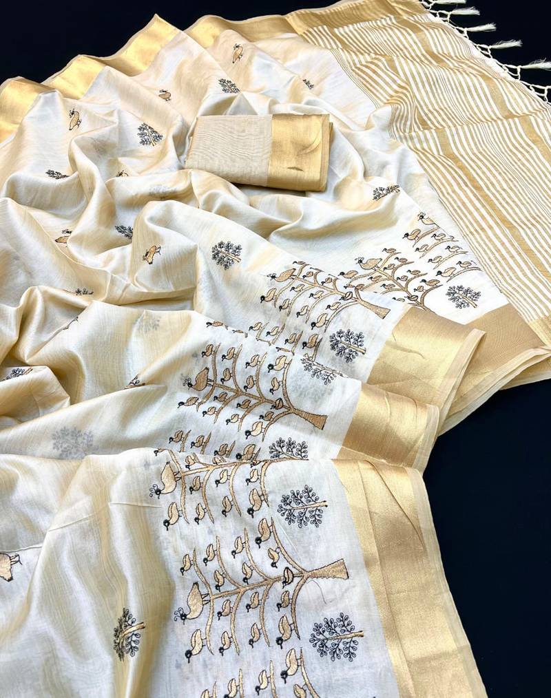 Cream tussar silk saree with kalamkari design & embroidery work