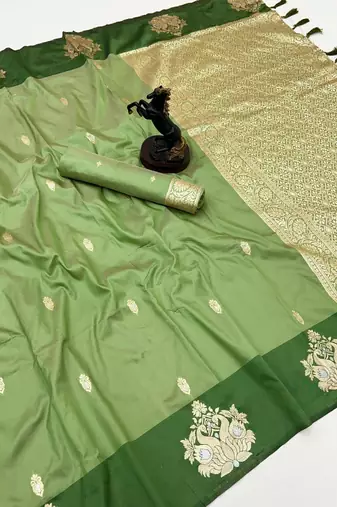 Parrot green soft silk saree with zari weaving & rajhans motifs