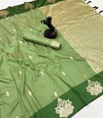 Parrot green soft silk saree with zari weaving & rajhans motifs