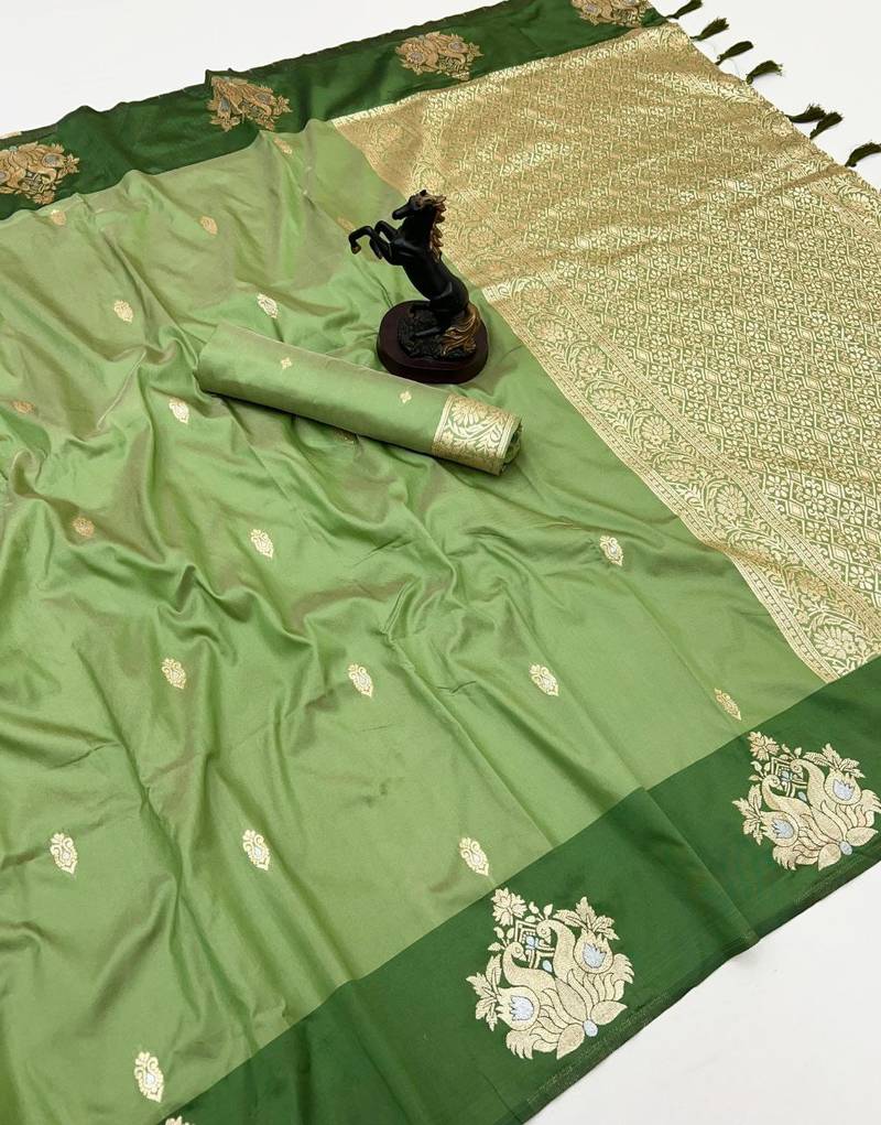 Parrot green soft silk saree with zari weaving & rajhans motifs