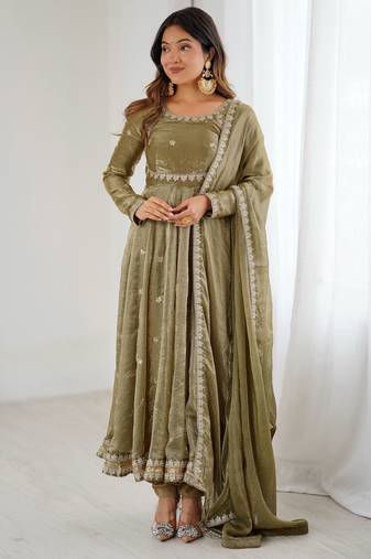Olive Green Fandy Silk Anarkali Gown Set with Cording & Sequence Work