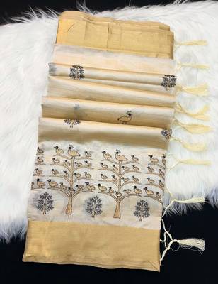 Cream tussar silk saree with kalamkari design & embroidery work 2
