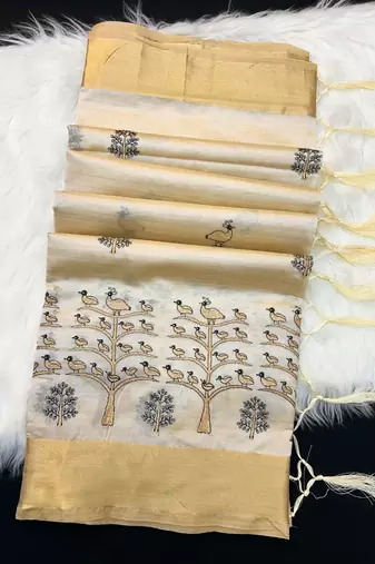 Cream tussar silk saree with kalamkari design & embroidery work
