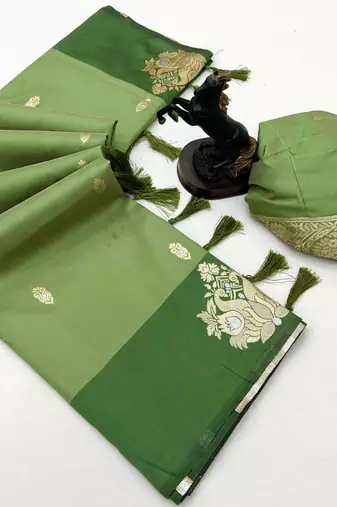 Parrot green soft silk saree with zari weaving & rajhans motifs