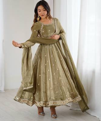 Olive Green Fandy Silk Anarkali Gown Set with Cording & Sequence Work 2
