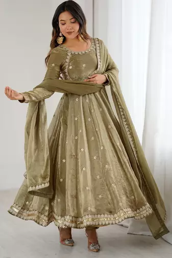 Olive Green Fandy Silk Anarkali Gown Set with Cording & Sequence Work