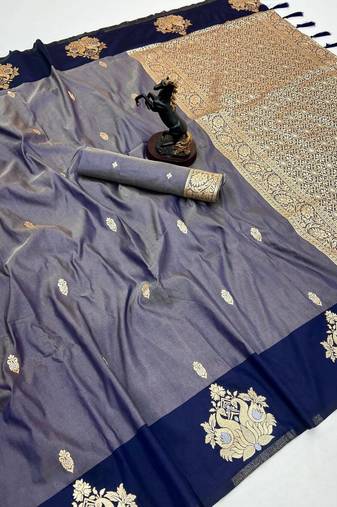 Navy blue soft silk saree with zari weaving & rajhans motifs
