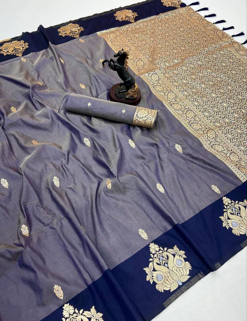 Navy blue soft silk saree with zari weaving & rajhans motifs