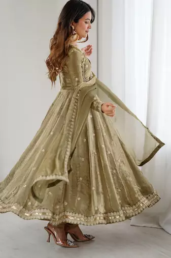 Olive Green Fandy Silk Anarkali Gown Set with Cording & Sequence Work