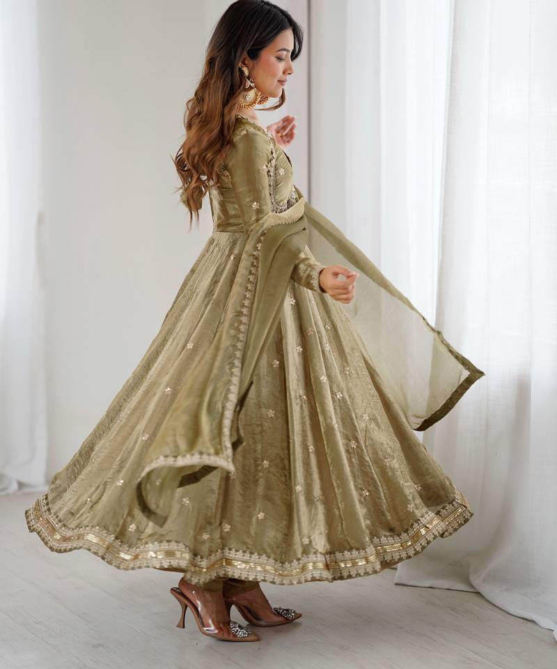 Olive Green Fandy Silk Anarkali Gown Set with Cording & Sequence Work