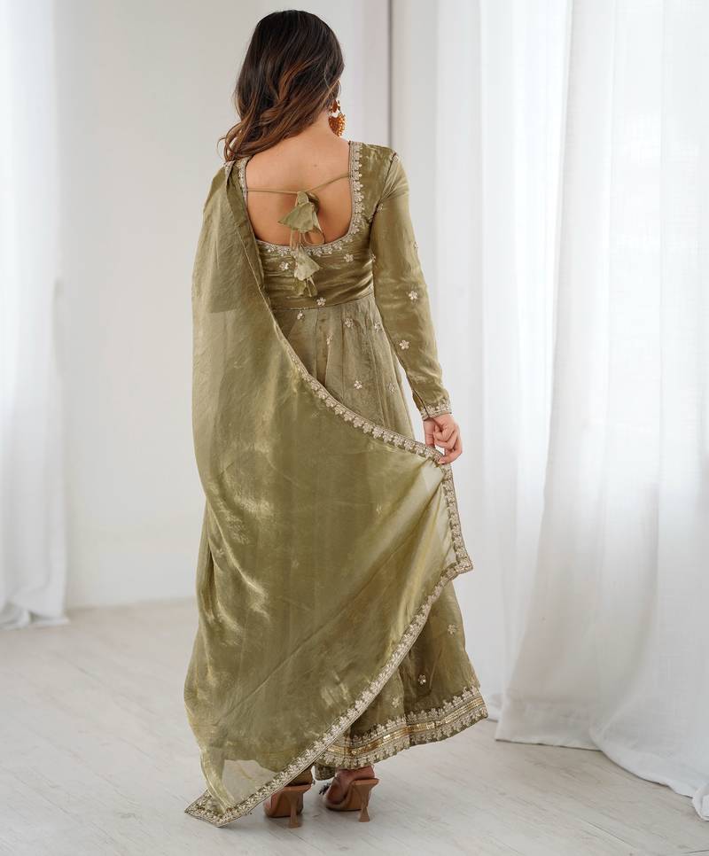 Olive Green Fandy Silk Anarkali Gown Set with Cording & Sequence Work