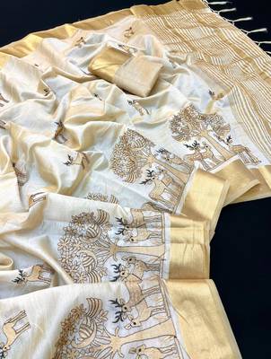 Cream tussar silk saree with kalamkari design & embroidery work 1