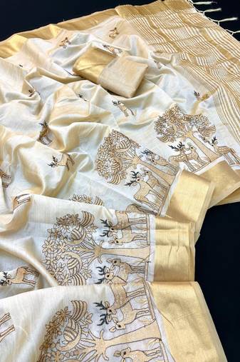 Cream tussar silk saree with kalamkari design & embroidery work