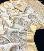 Cream tussar silk saree with kalamkari design & embroidery work