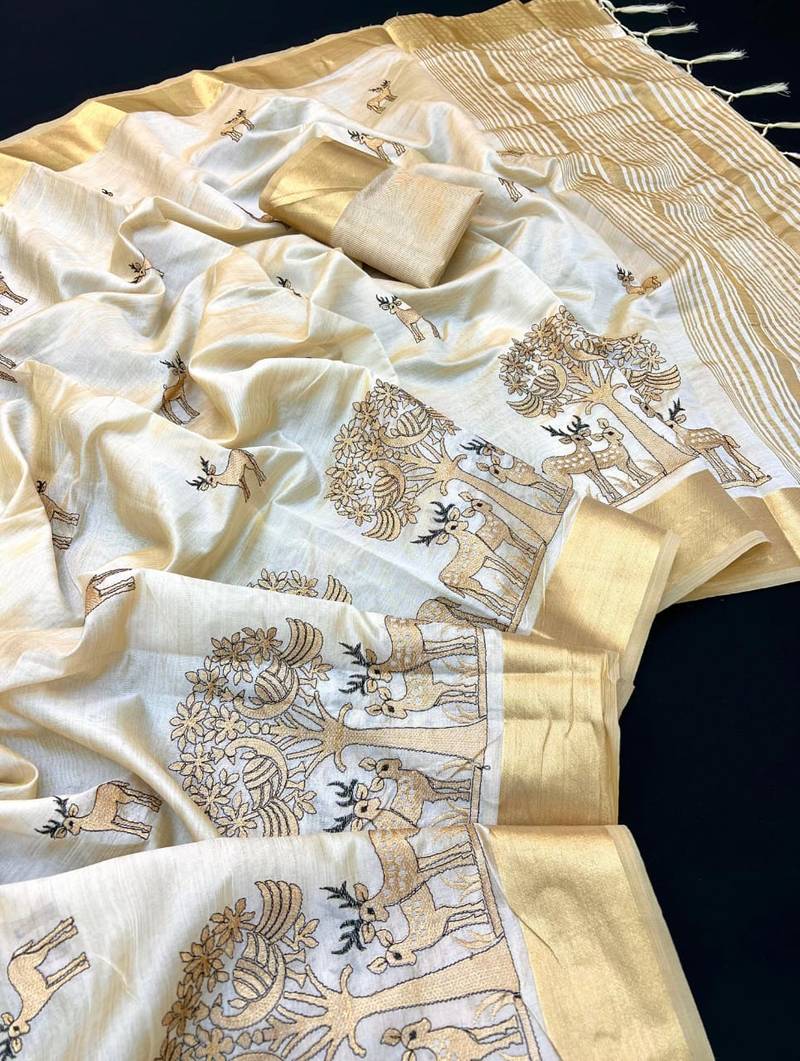 Cream tussar silk saree with kalamkari design & embroidery work