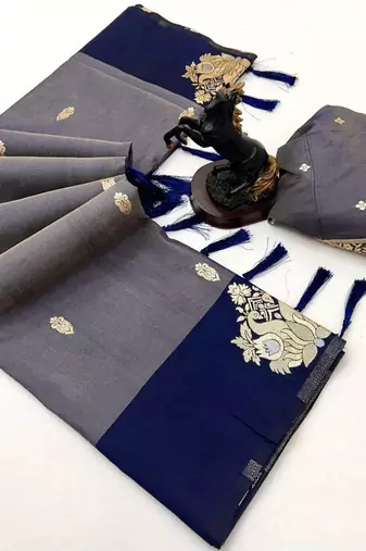 Navy blue soft silk saree with zari weaving & rajhans motifs
