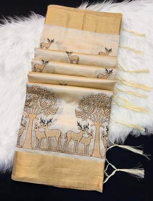 Cream tussar silk saree with kalamkari design & embroidery work 2