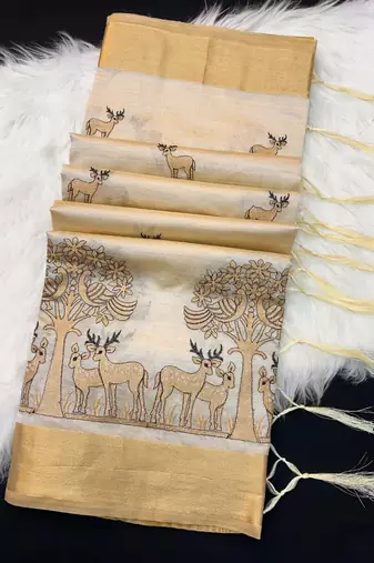 Cream tussar silk saree with kalamkari design & embroidery work