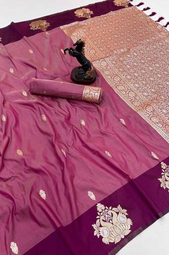 Wine soft silk saree with zari weaving & rajhans motifs