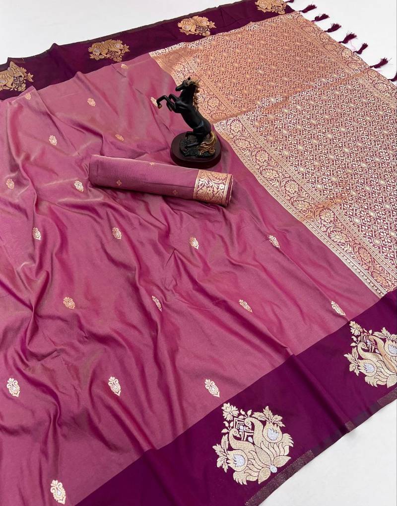 Wine soft silk saree with zari weaving & rajhans motifs