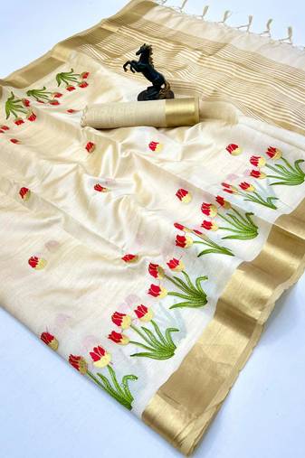 Cream tissue kerala kasavu saree with floral embroidery design
