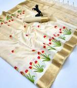 Cream tissue kerala kasavu saree with floral embroidery design