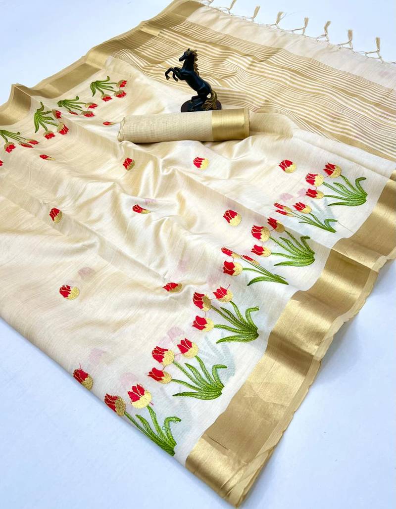Cream tissue kerala kasavu saree with floral embroidery design