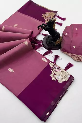 Wine soft silk saree with zari weaving & rajhans motifs