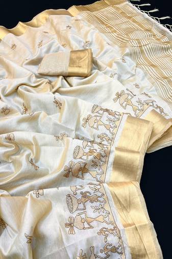 Cream tussar silk saree with kalamkari design & embroidery work