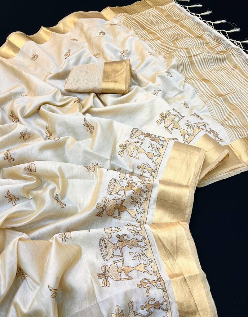 Cream tussar silk saree with kalamkari design & embroidery work