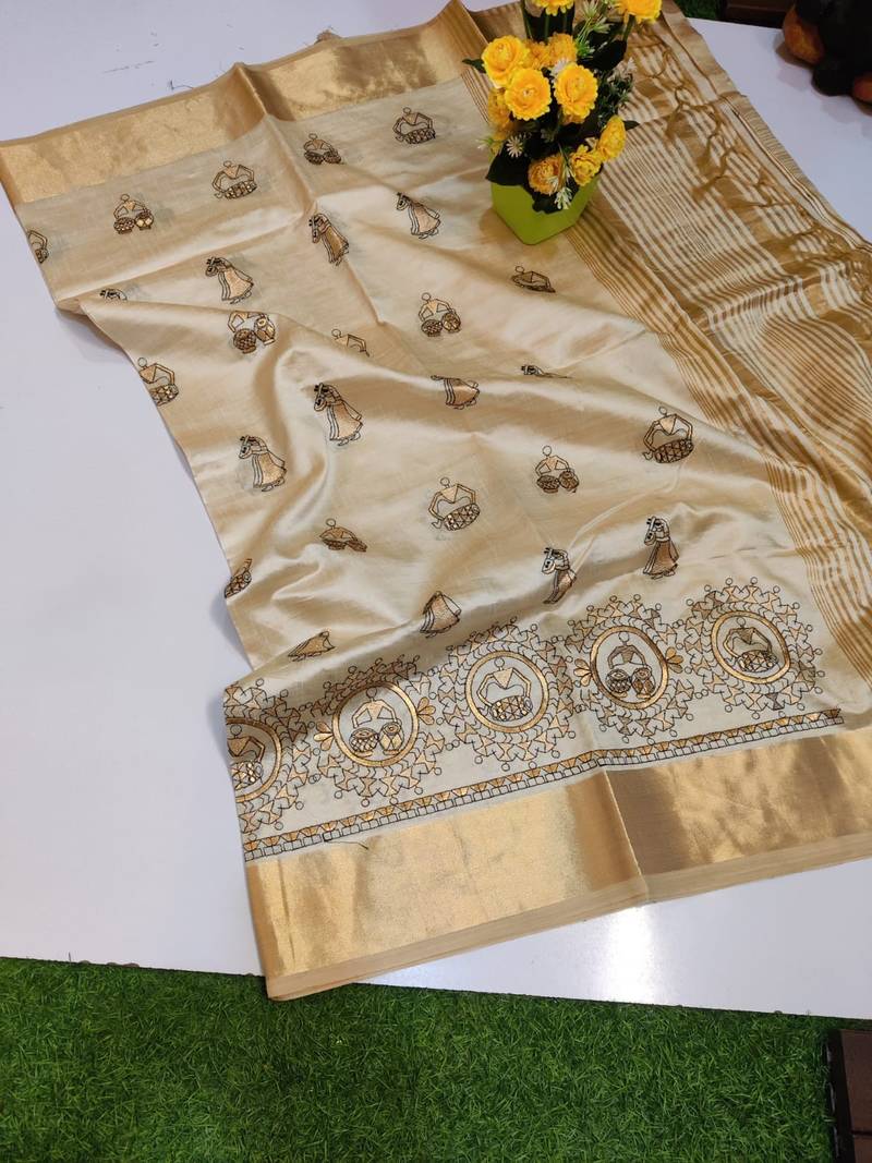 Cream tussar silk saree with kalamkari design & embroidery work