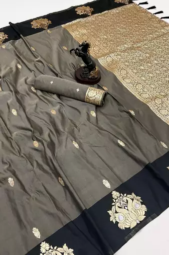 Dark grey soft silk saree with zari weaving & rajhans motifs