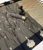 Dark grey soft silk saree with zari weaving & rajhans motifs