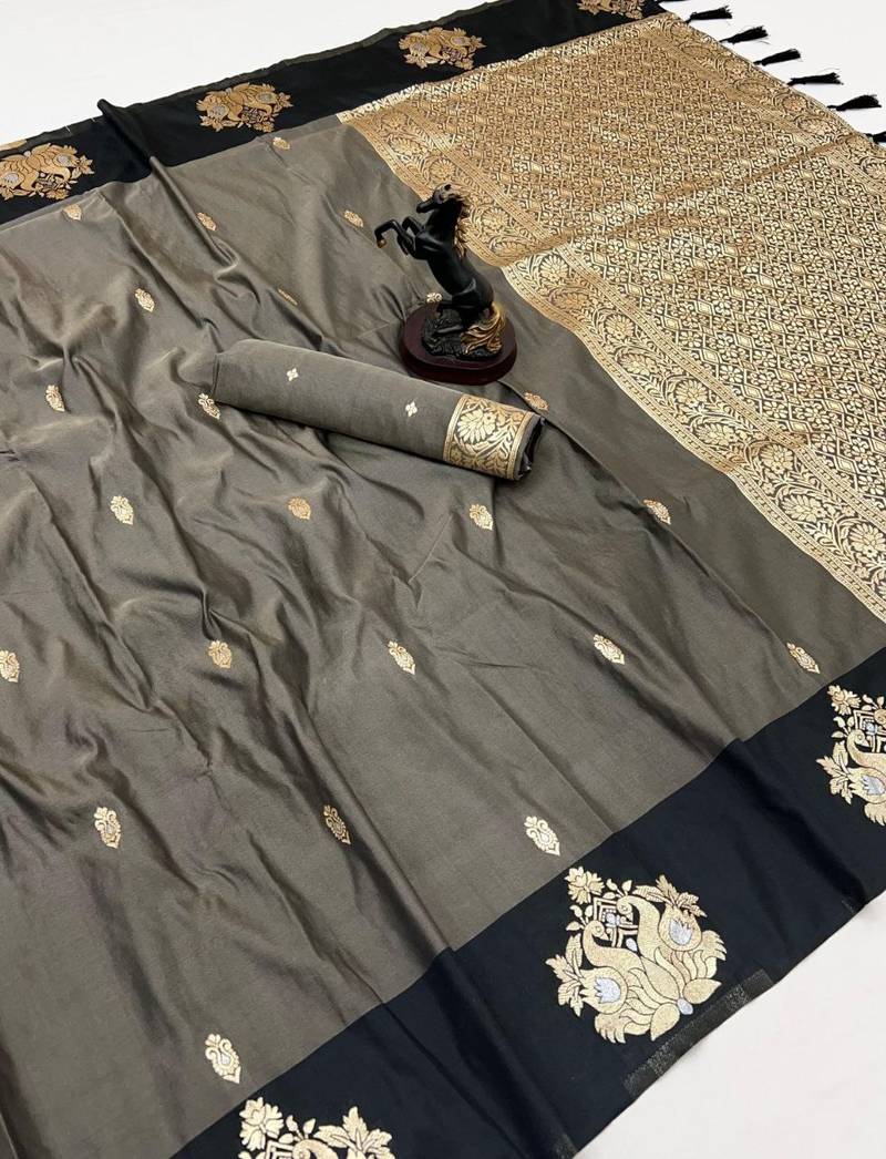 Dark grey soft silk saree with zari weaving & rajhans motifs