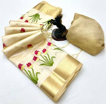 Cream tissue kerala kasavu saree with floral embroidery design 2