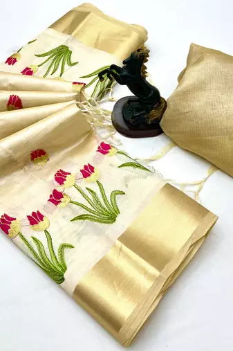 Cream tissue kerala kasavu saree with floral embroidery design