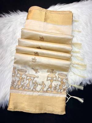 Cream tussar silk saree with kalamkari design & embroidery work 2