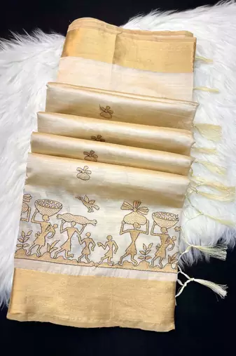 Cream tussar silk saree with kalamkari design & embroidery work