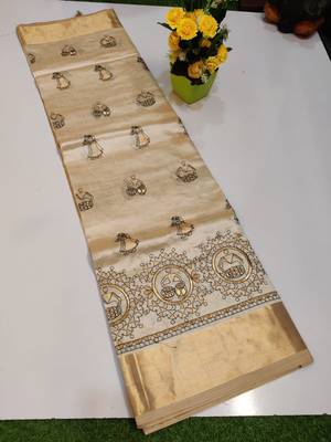Cream tussar silk saree with kalamkari design & embroidery work 2