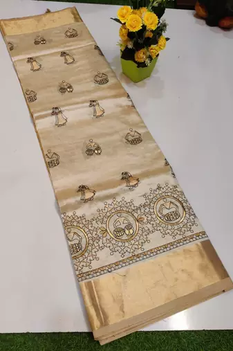 Cream tussar silk saree with kalamkari design & embroidery work
