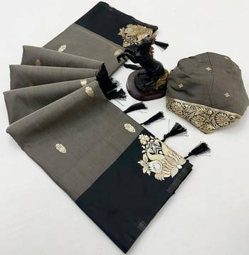 Dark grey soft silk saree with zari weaving & rajhans motifs 2