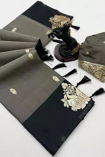 Dark grey soft silk saree with zari weaving & rajhans motifs