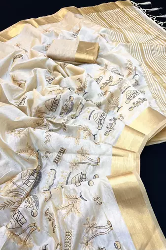 Cream tussar silk saree with kalamkari design & embroidery work