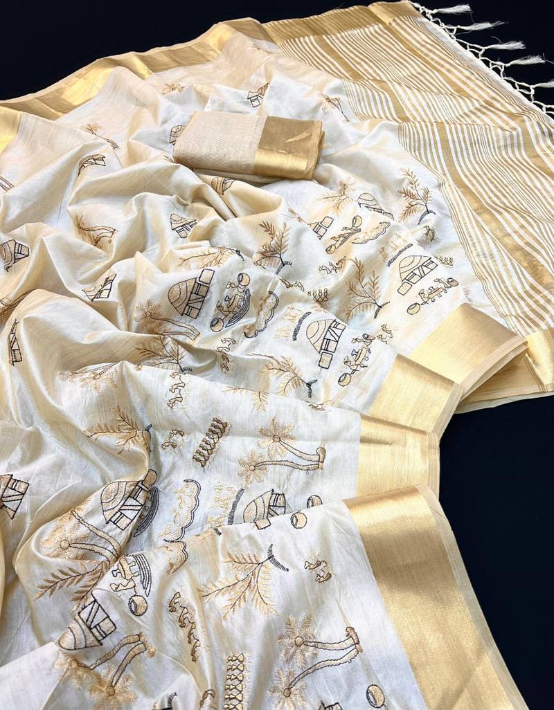 Cream tussar silk saree with kalamkari design & embroidery work